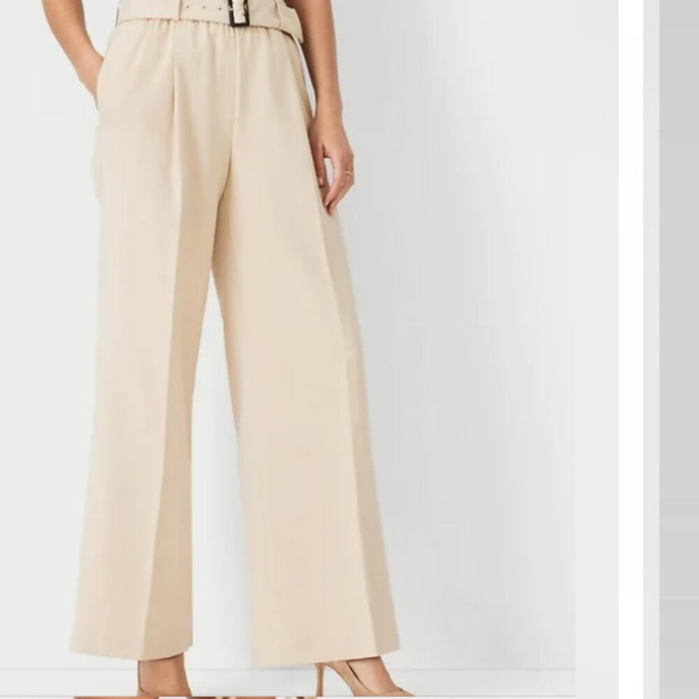 Ann Taylor Wide Leg Belted High Rise Trouser Pant Tan M P